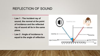 REFLECTION OF SOUND
• Law 1 : The incident ray of
sound, the normal at the point
of incidence and the reflected
ray of sound all lie in the same
plane.
• Law 2 : Angle of incidence is
equal to the angle of reflection
 