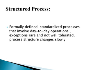  Formally defined, standardized processes
that involve day-to-day operations ,
exceptions rare and not well tolerated,
process structure changes slowly
 