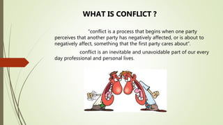 “conflict is a process that begins when one party
perceives that another party has negatively affected, or is about to
negatively affect, something that the first party cares about”.
conflict is an inevitable and unavoidable part of our every
day professional and personal lives.
WHAT IS CONFLICT ?
 