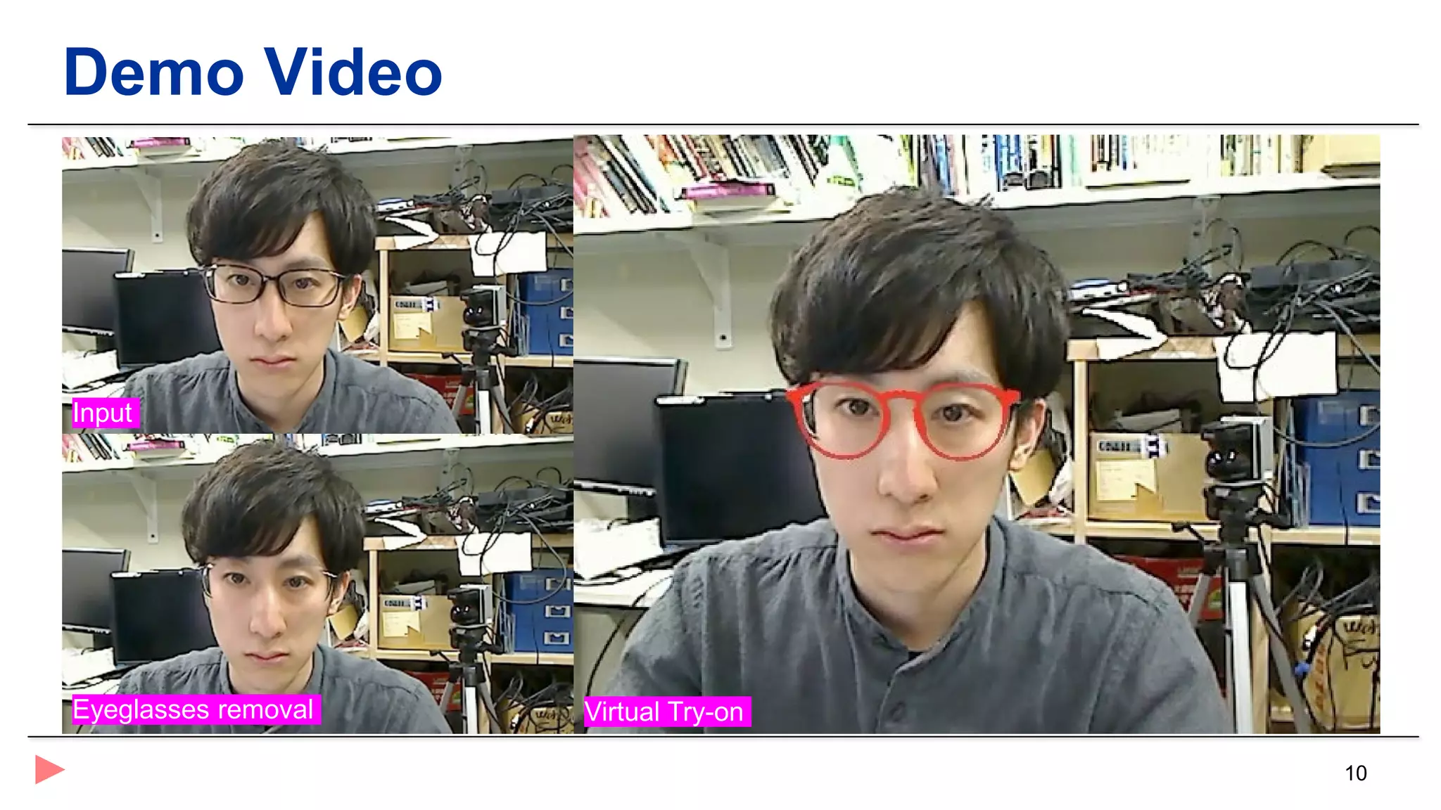 10
Demo Video
Input
Virtual Try-onEyeglasses removal
 