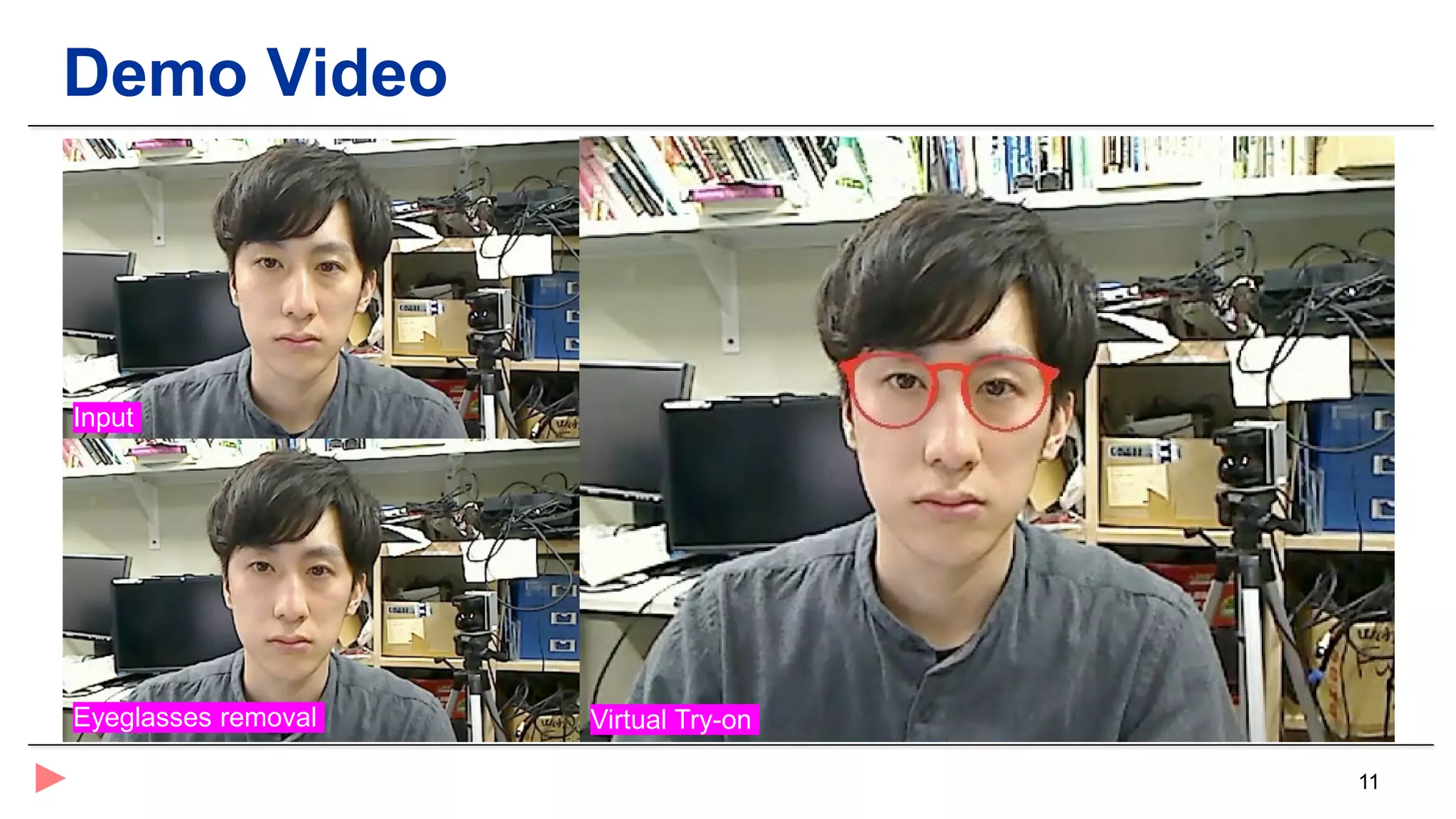 11
Demo Video
Input
Virtual Try-onEyeglasses removal
 