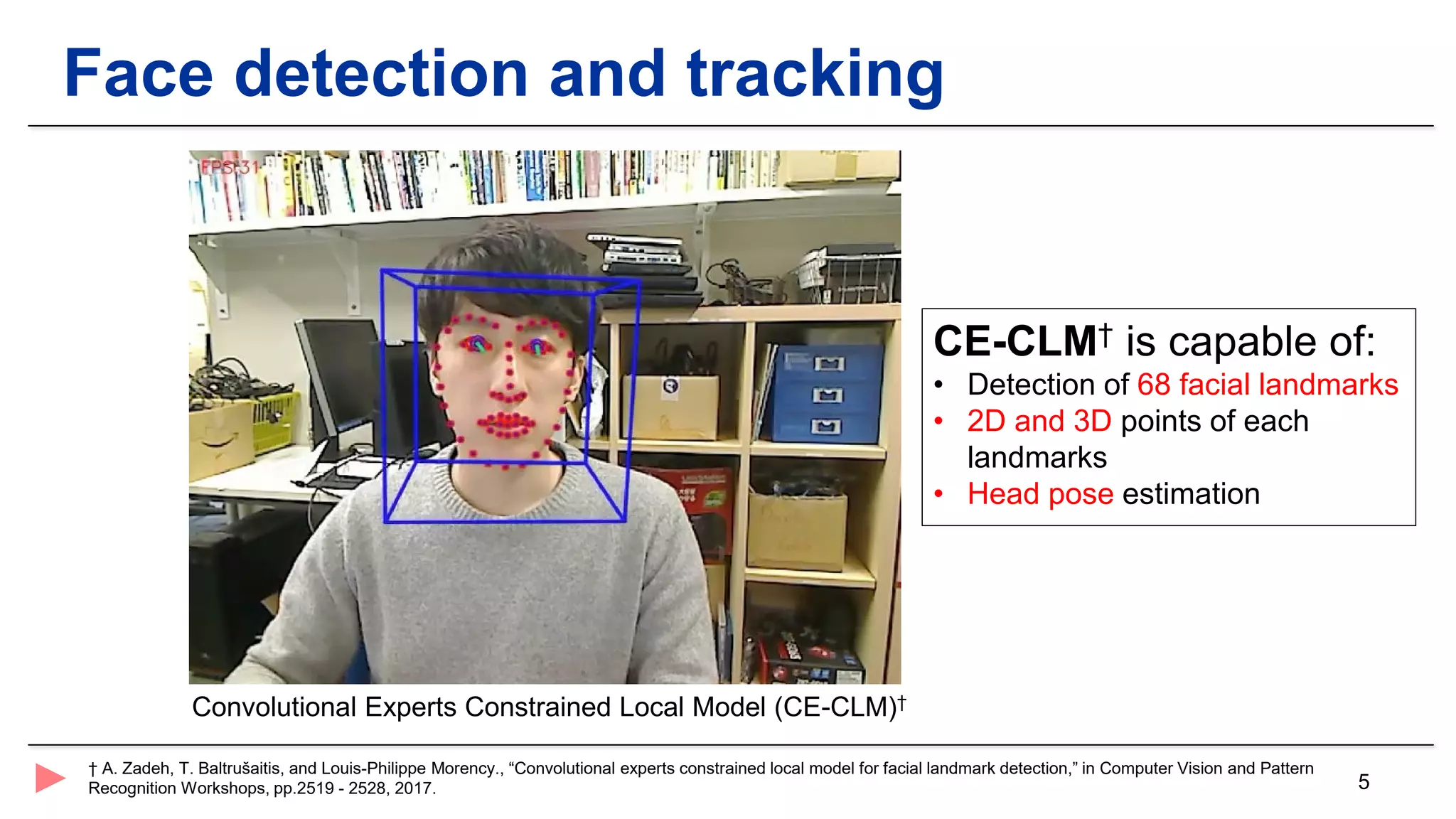 5
Face detection and tracking
† A. Zadeh, T. Baltrušaitis, and Louis-Philippe Morency., “Convolutional experts constrained local model for facial landmark detection,” in Computer Vision and Pattern
Recognition Workshops, pp.2519 - 2528, 2017.
Convolutional Experts Constrained Local Model (CE-CLM)†
CE-CLM† is capable of:
• Detection of 68 facial landmarks
• 2D and 3D points of each
landmarks
• Head pose estimation
 