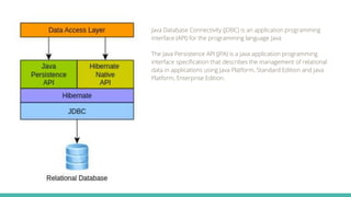 Java Database Connectivity (JDBC) is an application programming
interface (API) for the programming language Java
The Java Persistence API (JPA) is a Java application programming
interface specification that describes the management of relational
data in applications using Java Platform, Standard Edition and Java
Platform, Enterprise Edition.
 