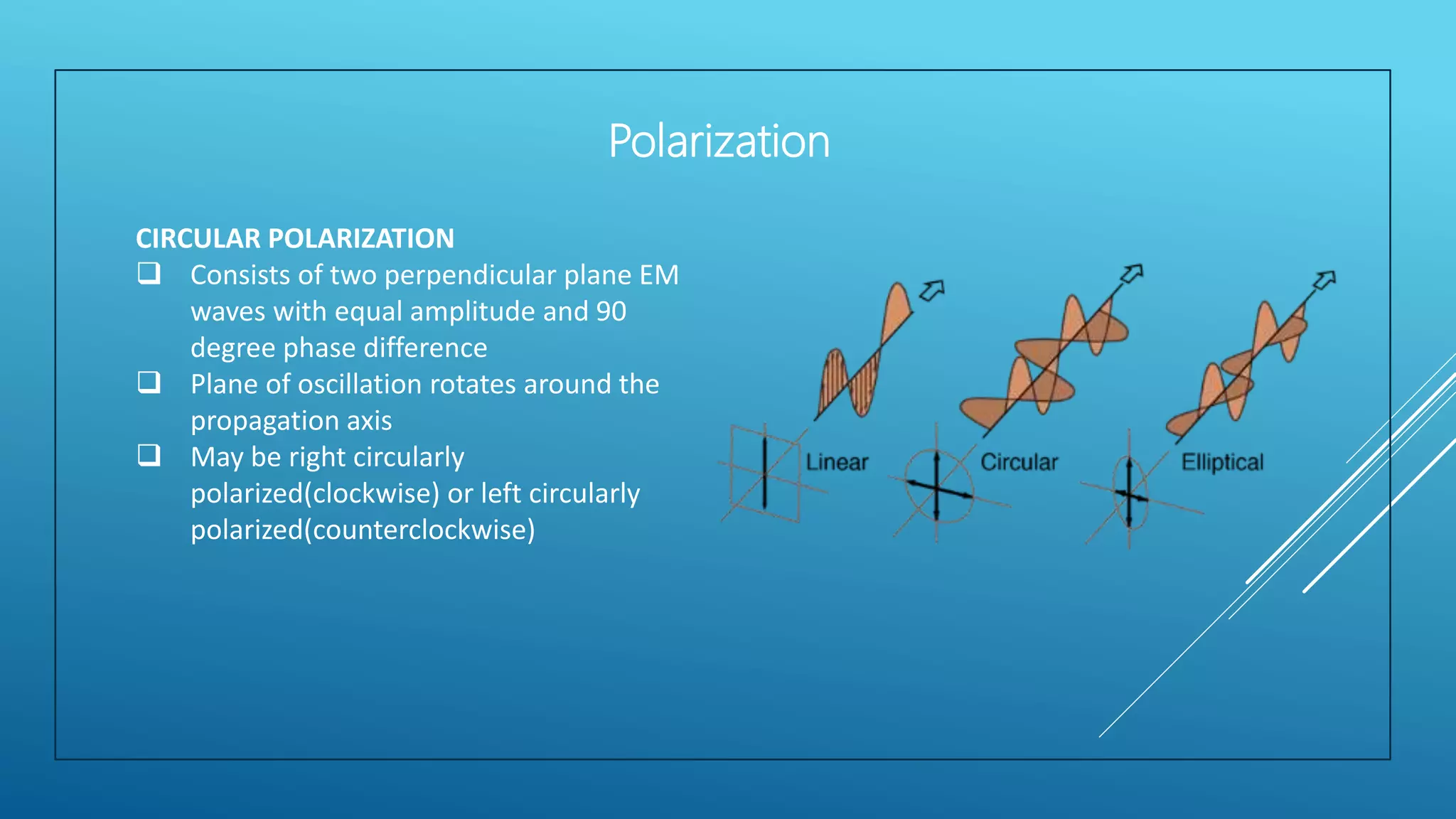 CIRCULAR POLARIZATION
 Consists of two perpendicular plane EM
waves with equal amplitude and 90
degree phase difference
 Plane of oscillation rotates around the
propagation axis
 May be right circularly
polarized(clockwise) or left circularly
polarized(counterclockwise)
Polarization
 