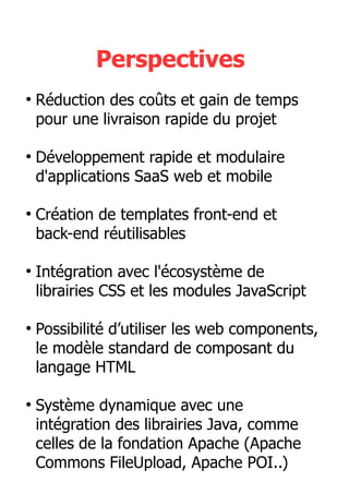 Perspectives
●
Réduction des coûts et gain de temps
pour une livraison rapide du projet
●
Développement rapide et modulaire
d'applications SaaS web et mobile
●
Création de templates front-end et
back-end réutilisables
●
Intégration avec l'écosystème de
librairies CSS et les modules JavaScript
●
Possibilité d’utiliser les web components,
le modèle standard de composant du
langage HTML
●
Système dynamique avec une
intégration des librairies Java, comme
celles de la fondation Apache (Apache
Commons FileUpload, Apache POI..)
 