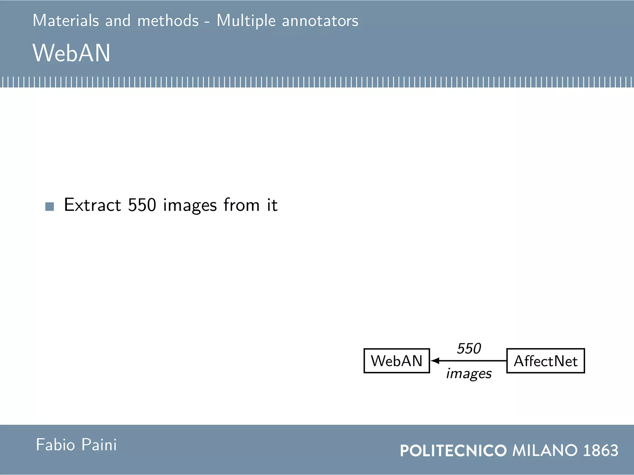 Materials and methods - Multiple annotators
WebAN
Extract 550 images from it
Website
...
Annotator 2
Annotator 1
Annotator 89
WebAN
550
images
550 images
7466 annotations
AffectNet
550
images
0
0.1
0.2
0.3
0.4
Mode
Anger Contempt Disgust Fear Happiness
Neutral Sadness Surprise None
http://beethoven.altervista.org
0 100 200 300 400 500
2
4
6
83.89886
Annotated images
Annotators
0 50 1001502002503003504004505005500
5
10
15
Image ID
Annotations
0
0.1
0.2
0.3
0.4
All annotations
Anger Contempt Disgust Fear Happiness
Neutral Sadness Surprise None
0
0.1
0.2
0.3
0.4
Mode
Anger Contempt Disgust Fear Happiness
Neutral Sadness Surprise None
Fabio Paini
 