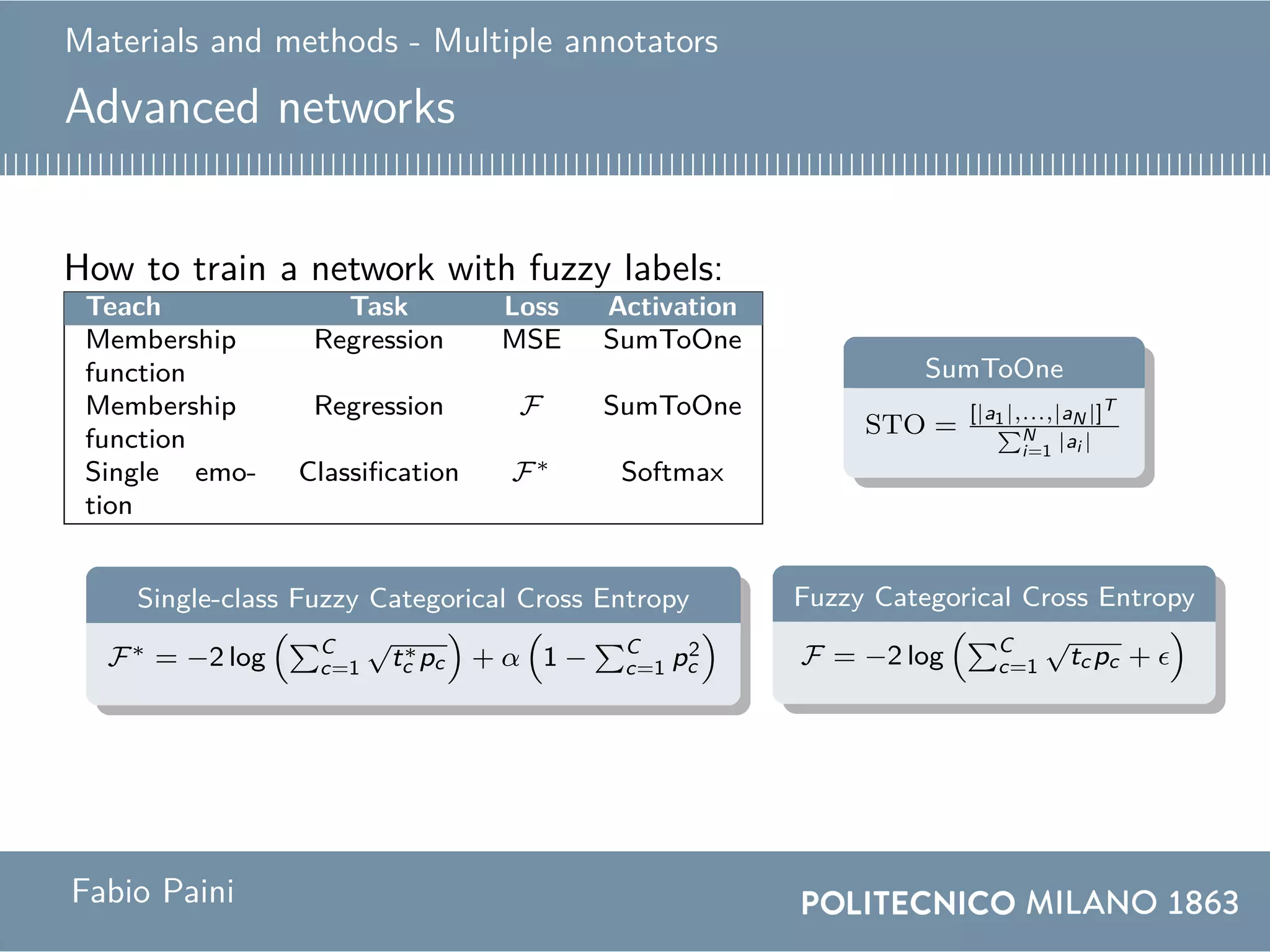 Materials and methods - Multiple annotators
Advanced networks
How to train a network with fuzzy labels:
Teach Task Loss Activation
Membership
function
Regression MSE SumToOne
Membership
function
Regression F SumToOne
Single emo-
tion
Classification F∗ Softmax
Single-class Fuzzy Categorical Cross Entropy
F∗ = −2 log C
c=1
√
t∗
c pc + α 1 − C
c=1 p2
c
Fuzzy Categorical Cross Entropy
F = −2 log C
c=1
√
tc pc +
SumToOne
STO =
[|a1|,...,|aN |]T
N
i=1 |ai |
Fabio Paini
 
