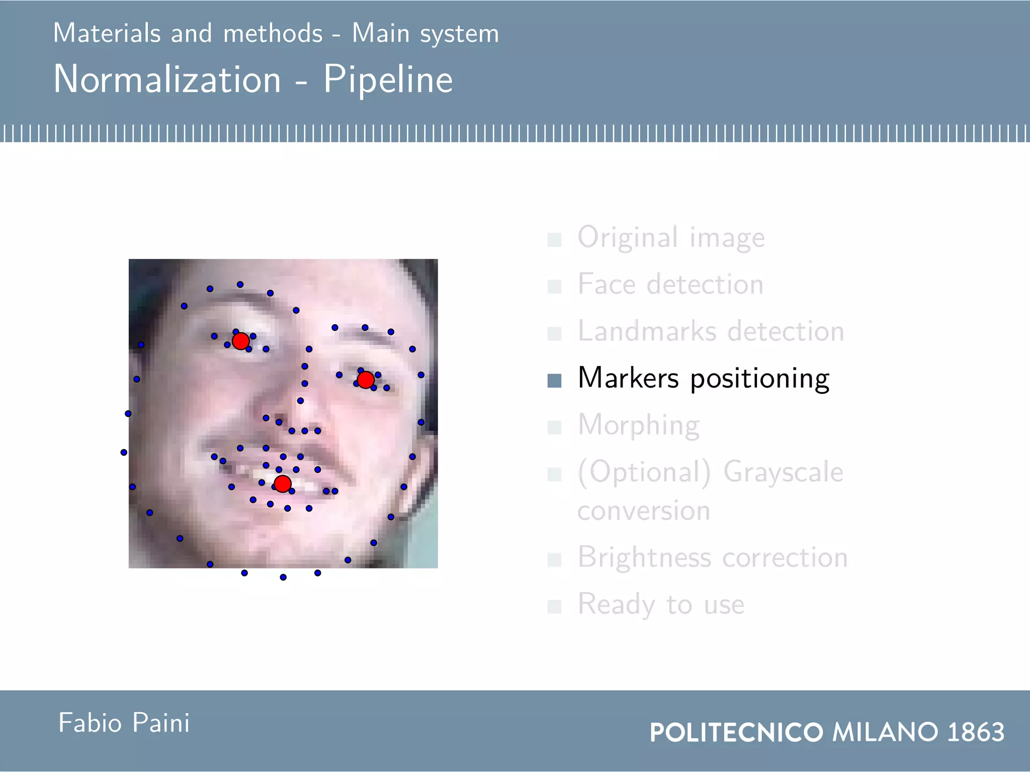 Materials and methods - Main system
Normalization - Pipeline
Original image
Face detection
Landmarks detection
Markers positioning
Morphing
(Optional) Grayscale
conversion
Brightness correction
Ready to use
Fabio Paini
 