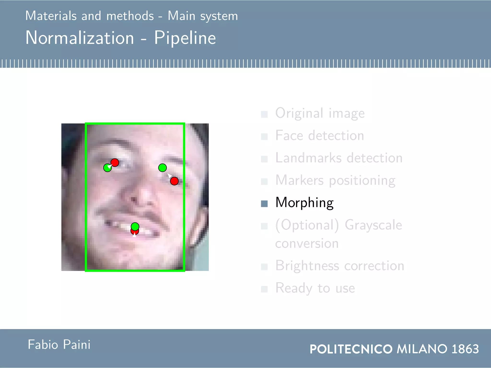 Materials and methods - Main system
Normalization - Pipeline
Original image
Face detection
Landmarks detection
Markers positioning
Morphing
(Optional) Grayscale
conversion
Brightness correction
Ready to use
Fabio Paini
 