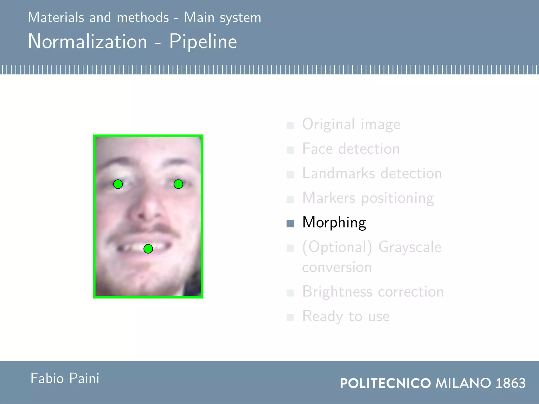 Materials and methods - Main system
Normalization - Pipeline
Original image
Face detection
Landmarks detection
Markers positioning
Morphing
(Optional) Grayscale
conversion
Brightness correction
Ready to use
Fabio Paini
 
