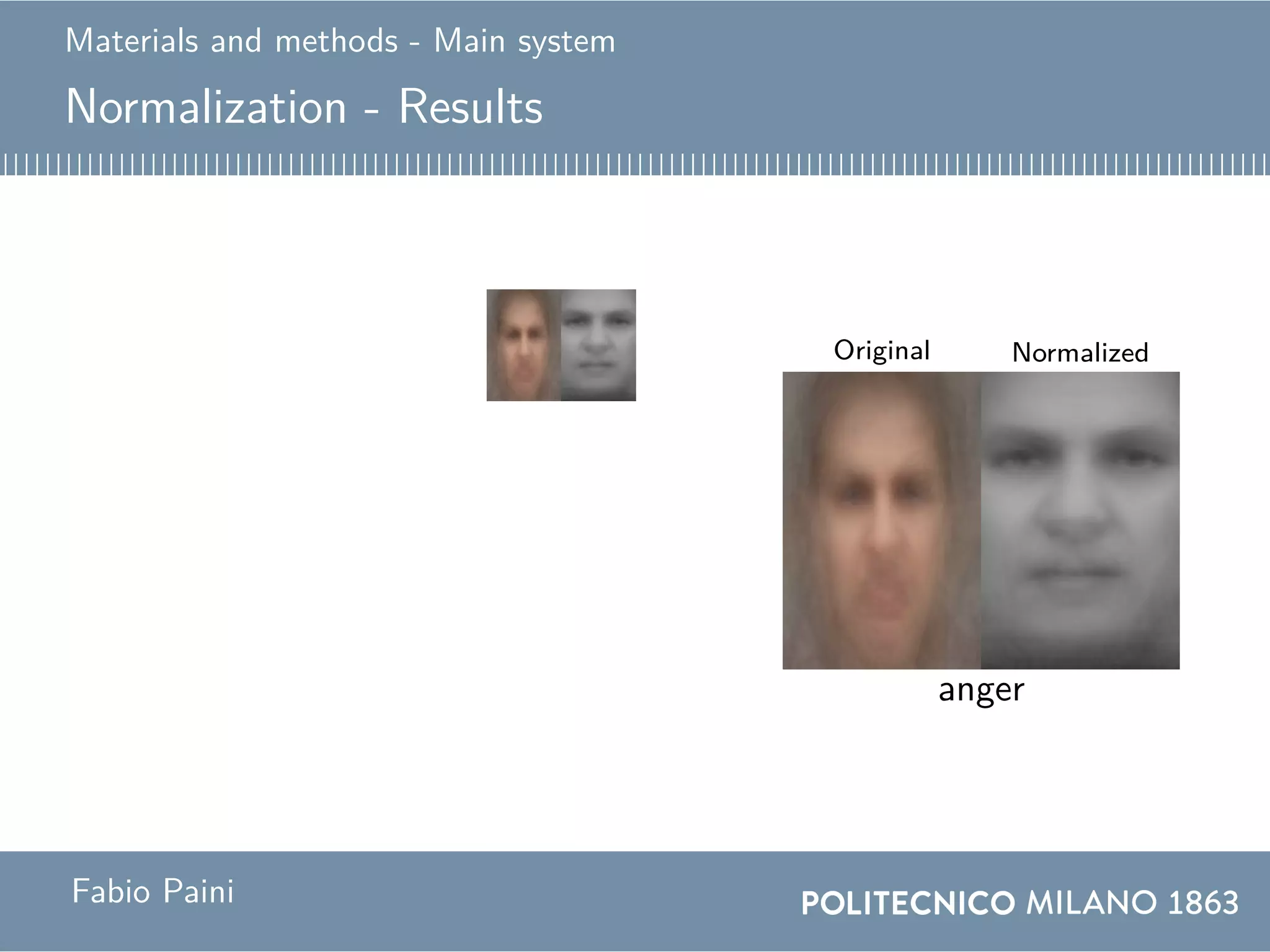 Materials and methods - Main system
Normalization - Results
Original Normalized
globalangercontemptdisgustfearhappinessneutralsadnesssurprise
Fabio Paini
 