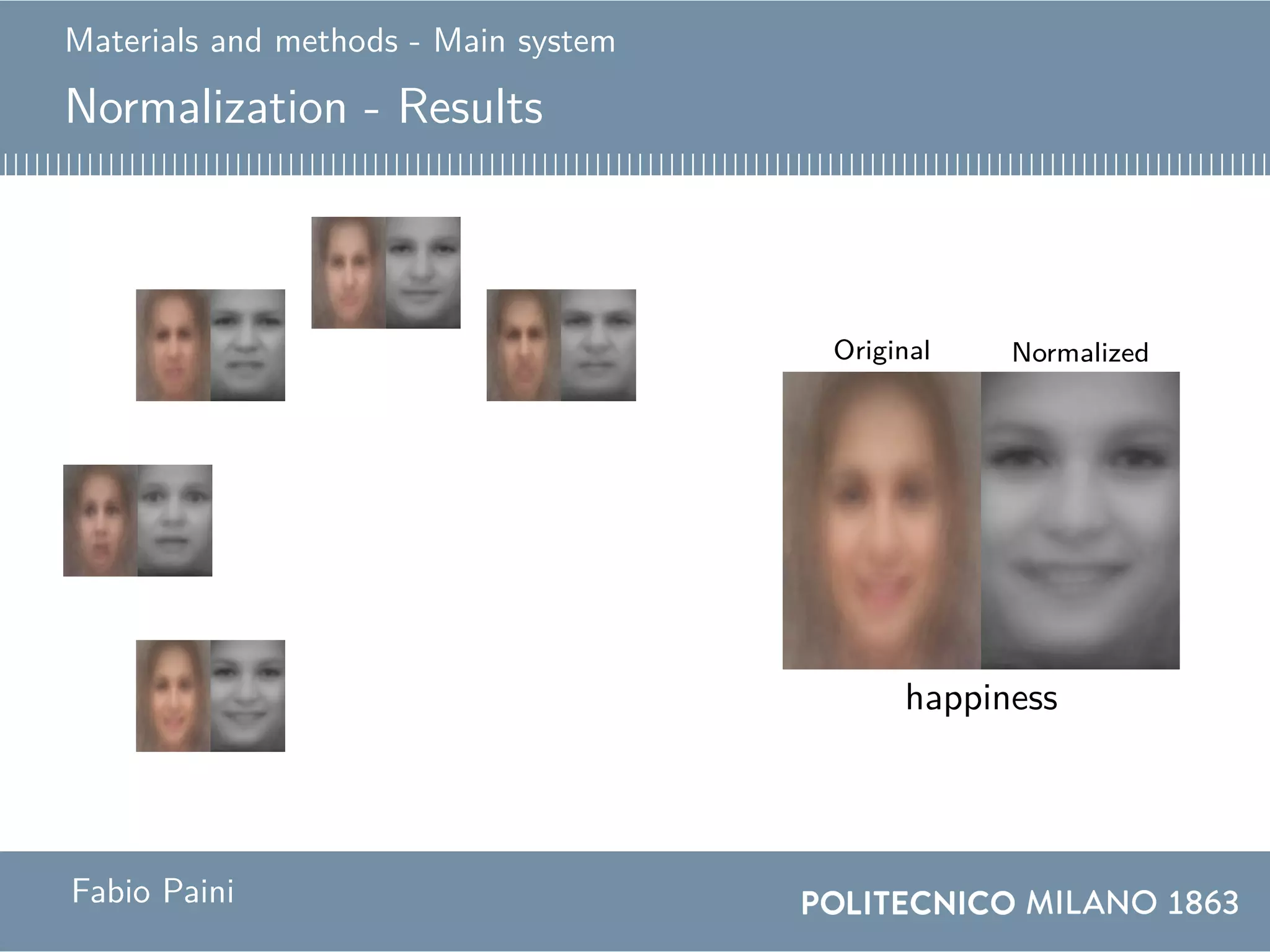 Materials and methods - Main system
Normalization - Results
Original Normalized
globalangercontemptdisgustfearhappinessneutralsadnesssurprise
Fabio Paini
 