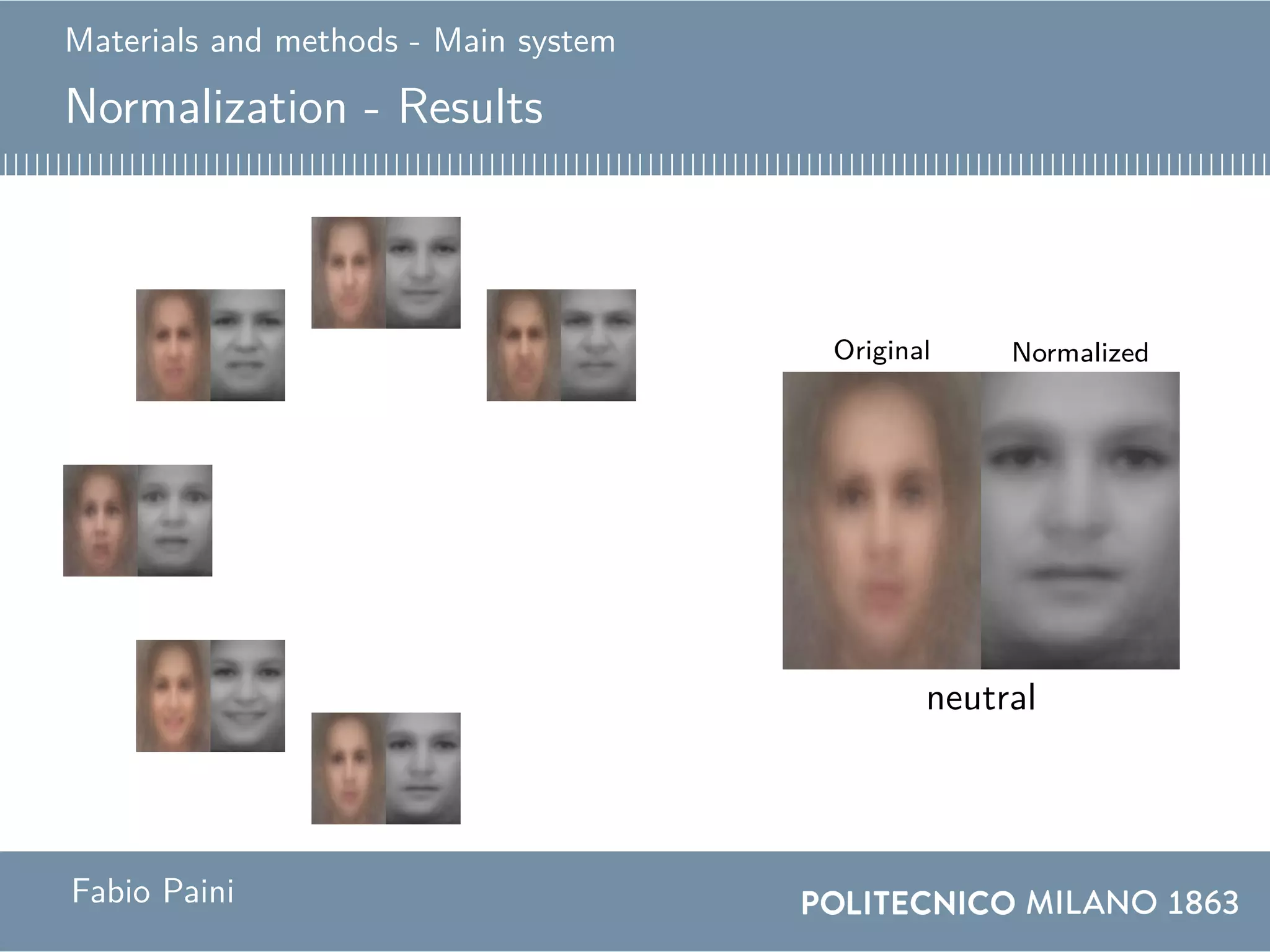 Materials and methods - Main system
Normalization - Results
Original Normalized
globalangercontemptdisgustfearhappinessneutralsadnesssurprise
Fabio Paini
 
