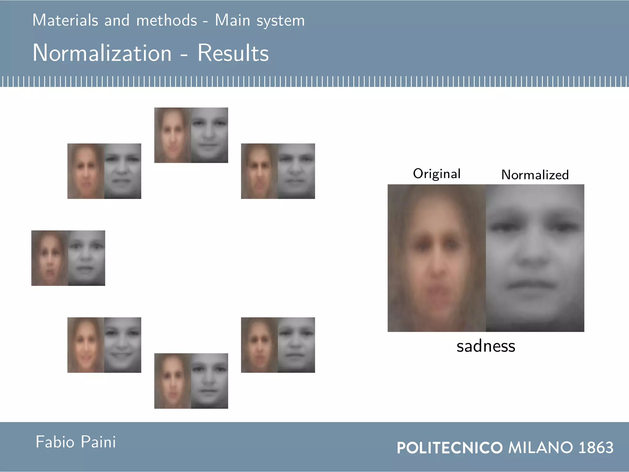 Materials and methods - Main system
Normalization - Results
Original Normalized
globalangercontemptdisgustfearhappinessneutralsadnesssurprise
Fabio Paini
 