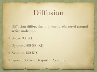 Diffusion
Diffusion differs due to proteins clustered around
active molecule.
Botox, 900 KD.
Dysport, 300-500 KD.
Xeomin, 150 KD.
Spread Botox < Dysport < Xeomin.
 