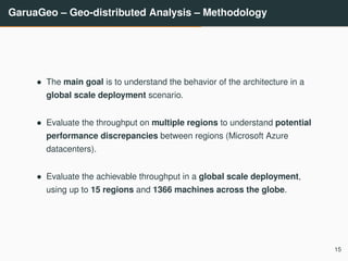 GaruaGeo – Geo-distributed Analysis – Methodology
• The main goal is to understand the behavior of the architecture in a
global scale deployment scenario.
• Evaluate the throughput on multiple regions to understand potential
performance discrepancies between regions (Microsoft Azure
datacenters).
• Evaluate the achievable throughput in a global scale deployment,
using up to 15 regions and 1366 machines across the globe.
15
 