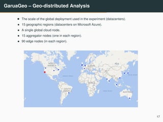 GaruaGeo – Geo-distributed Analysis
• The scale of the global deployment used in the experiment (datacenters).
• 15 geographic regions (datacenters on Microsoft Azure).
• A single global cloud node.
• 15 aggregator nodes (one in each region).
• 90 edge nodes (in each region).
17
 