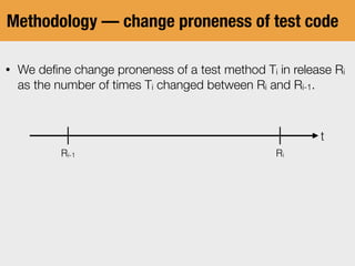 Methodology — change proneness of test code
• We deﬁne change proneness of a test method Ti in release Ri
as the number of times Ti changed between Ri and Ri-1.
t
Ri-1 Ri
 