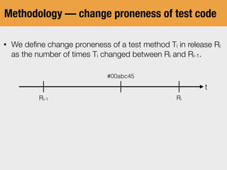 Methodology — change proneness of test code
• We deﬁne change proneness of a test method Ti in release Ri
as the number of times Ti changed between Ri and Ri-1.
t
Ri-1 Ri
#00abc45
 