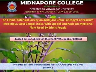 An Ethino-botanical Survey on Kashijora Gram Panchayet of Paschim
Medinipur, west Bengal, india, With Special Emphasis On Medicinal
Plant Used By Ethnic People
Presented By: Soma Sinhamahapatra (Roll- MC/UG/S-VI/19 No- 3708)
(6th sem.)
Guided by: Dr. Subrata Giri (Assistant Prof. , Dept. of Botany)
 