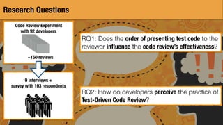 Research Questions
Code Review Experiment
with 92 developers
~150 reviews
9 interviews +
survey with 103 respondents
RQ1: Does the order of presenting test code to the
reviewer inﬂuence the code review’s effectiveness?
RQ2: How do developers perceive the practice of
Test-Driven Code Review?
 