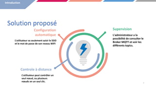 Solution proposé
L’utilisateur va seulement saisir le SSID
et le mot de passe de son reseau WIFI
Configuration
automatique L'administrateur a la
possibilité de consulter le
Broker MQTT et voir les
différents topics.
Supervision
L’utilisateur peut contrôler un
seul nœud, ou plusieurs
nœuds en un seul clic.
Controle à distance
7
Introduction
 