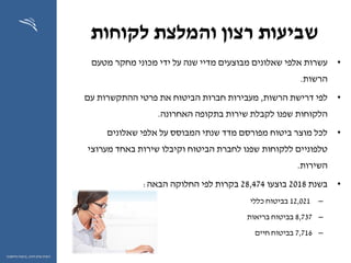 ‫לקוחות‬ ‫והמלצת‬ ‫רצון‬ ‫שביעות‬
•‫על‬ ‫שנה‬ ‫מדיי‬ ‫מבוצעים‬ ‫שאלונים‬ ‫אלפי‬ ‫עשרות‬‫ידי‬‫מטעם‬ ‫מחקר‬ ‫מכוני‬
‫הרשות‬.
•‫לפי‬‫דרישת‬‫הרשות‬,‫עם‬ ‫ההתקשרות‬ ‫פרטי‬ ‫את‬ ‫הביטוח‬ ‫חברות‬ ‫מעבירות‬
‫הלקוחות‬‫שפנו‬‫האחרונה‬ ‫בתקופה‬ ‫שירות‬ ‫לקבלת‬.
•‫שאלונים‬ ‫אלפי‬ ‫על‬ ‫המבוסס‬ ‫שנתי‬ ‫מדד‬ ‫מפורסם‬ ‫ביטוח‬ ‫מוצר‬ ‫לכל‬
‫טלפוניים‬‫ללקוחות‬‫מערוצי‬ ‫באחד‬ ‫שירות‬ ‫וקיבלו‬ ‫הביטוח‬ ‫לחברת‬ ‫שפנו‬
‫השירות‬.
•‫בשנת‬2018‫בוצעו‬28,474‫הבאה‬ ‫החלוקה‬ ‫לפי‬ ‫בקרות‬:
–12,021‫כללי‬ ‫בביטוח‬
–8,737‫בריאות‬ ‫בביטוח‬
–7,716‫חיים‬ ‫בביטוח‬
33
‫ההון‬ ‫שוק‬ ‫רשות‬,‫וחיסכון‬ ‫ביטוח‬
 
