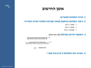‫החישוב‬ ‫אופן‬
1.‫למוצרים‬ ‫התלונות‬ ‫סיווג‬
2.‫התלונות‬ ‫ניקוד‬‫הסגירה‬ ‫וסיווג‬ ‫התלונה‬ ‫פתיחת‬ ‫למועד‬ ‫בהתאם‬:
•‫נפתח‬=1‫נק‬,'
•‫סולק‬=2‫נק‬,'
•‫מוצדק‬=4‫נק‬'
3.‫פעילות‬ ‫להיקף‬ ‫התאמה‬(‫שוק‬ ‫נתח‬ ‫לפי‬)
4.‫המרת‬‫ל‬ ‫התלונות‬ ‫יחס‬"‫ספר‬ ‫בית‬ ‫ציון‬."
46
‫ההון‬ ‫שוק‬ ‫רשות‬,‫וחיסכון‬ ‫ביטוח‬
 