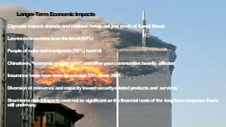 Longer-TermEconomicImpacts
AB95-5.PPT
//##
? City-wideimpact;airports and midtownhotelsnotjust southof Canal Street
? Low-incomeworkersborethebrunt(60%)
? Peopleof colorandimmigrants(56%) hardhit
? Chinatown,economicgroundzero,andotherpoorcommunitiesheavily affected
? Insurancecostshaverisenonaverage33%since2001
? Diversionof resourcesandcapacitytowardsecurity-relatedproductsand services
? Short-termdirectimpactswerenotassignificantasthefinancialcostsof the long-termresponsethatis
still underway
 