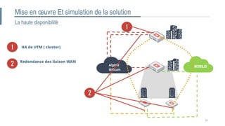 La haute disponibilité
Algérie
télécom
1
HA de UTM ( cluster)
2
1
2 Redondance des liaison WAN
MOBILIS
32
Mise en œuvre Et simulation de la solution
 