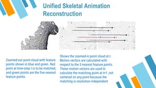 Unified Skeletal Animation
Reconstruction
Zoomed-out point cloud with feature
points shown in blue and green. Red
point at time-step t is to be matched,
and green points are the five nearest
feature points.
Shows the zoomed-in point cloud at t.
Motion vectors are calculated with
respect to the 5 nearest feature points.
These motion vectors are used to
calculate the matching point at t+1 ,not
centered on any point because the
matching is resolution independent
 