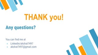 THANK you!
Any questions?
You can find me at
» Linkedin/akshat7497
» akshat7497@gmail.com
 