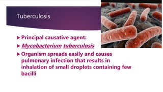 Tuberculosis
 Principal causative agent:
 Mycobacterium tuberculosis
 Organism spreads easily and causes
pulmonary infection that results in
inhalation of small droplets containing few
bacilli
 