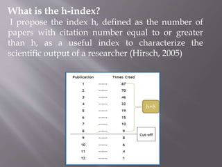 What is the h-index?
I propose the index h, defined as the number of
papers with citation number equal to or greater
than h, as a useful index to characterize the
scientific output of a researcher (Hirsch, 2005)
h=h=8
 