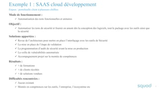 55
Mode de fonctionnement :
ü Automatisation des tests fonctionnelles et unitaires
Objectif :
ü Automatiser les tests de sécurité et fournir en amont dès la conception des logiciels, tout le package avec les outils ainsi que
la sécurité
Solutions apportées :
ü Revue de l’architecture pour mettre en place l’interfaçage avec les outils de Sécurité
ü La mise en place de l’étape de validation
ü La programmation d’audit de sécurité avant la mise en production
ü La veille de vulnérabilités automatisée
ü Accompagnement projet sur la montée de compétences
Résultats :
ü + de formations
ü + de clients récoltés
ü + de solutions vendues
Difficultés rencontrées :
ü Aucun existant
ü Montée en compétences sur les outils, l’entreprise, l’écosystème etc
Exemple 1 : SAAS cloud développement
Enjeux : portefeuille client à plusieurs chiffres
 