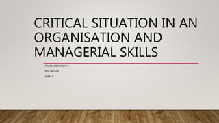 CRITICAL SITUATION IN AN
ORGANISATION AND
MANAGERIAL SKILLS
NAME:MEENAKSHI V
REG NO:109
MBA- B
 