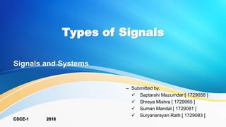 Types of Signals
– Submitted by,
 Saptarshi Mazumdar [ 1729058 ]
 Shreya Mishra [ 1729065 ]
 Suman Mandal [ 1729081 ]
 Suryanarayan Rath [ 1729083 ]
Signals and Systems
CSCE-1 2018
 