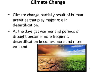Climate Change
• Climate change partially result of human
activities that play major role in
desertification.
• As the days get warmer and periods of
drought become more frequent,
desertification becomes more and more
eminent.
10
 
