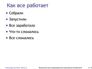Как все работает
Александр Чистяков, vdsina.ru Жизненный цикл микросервисного приложения в Kubernetes 6 / 8
• Собрали
• Запустили
• Все заработало
• Что-то сломалось
• Все сломалось
 
