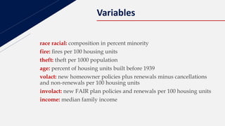 Variables
race racial: composition in percent minority
fire: ﬁres per 100 housing units
theft: theft per 1000 population
age: percent of housing units built before 1939
volact: new homeowner policies plus renewals minus cancellations
and non-renewals per 100 housing units
involact: new FAIR plan policies and renewals per 100 housing units
income: median family income
 
