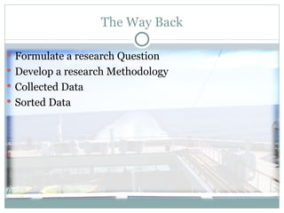 The Way Back Formulate a research Question Develop a research Methodology Collected Data Sorted Data 