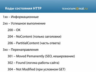 Коды состояния HTTP
1xx – Информационные
2xx – Успешное выполнение
200 – OK
204 – NoContent (только заголовки)
206 – PartitialContent (часть ответа)
3xx – Перенаправления
301 – Moved Pemanently (SEO, кеширование)
302 – Found (логика работы сайта)
304 – Not Modified (при условном GET)

 
