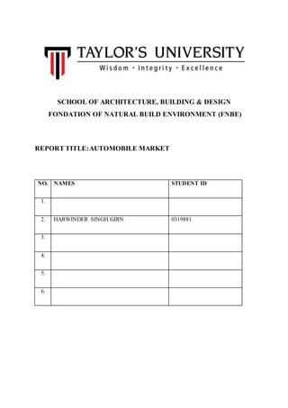 SCHOOL OF ARCHITECTURE, BUILDING & DESIGN
FONDATION OF NATURAL BUILD ENVIRONMENT (FNBE)
REPORT TITLE:AUTOMOBILE MARKET
NO. NAMES STUDENT ID
1.
2. HARWINDER SINGH GIRN 0319881
3.
4.
5.
6.
 