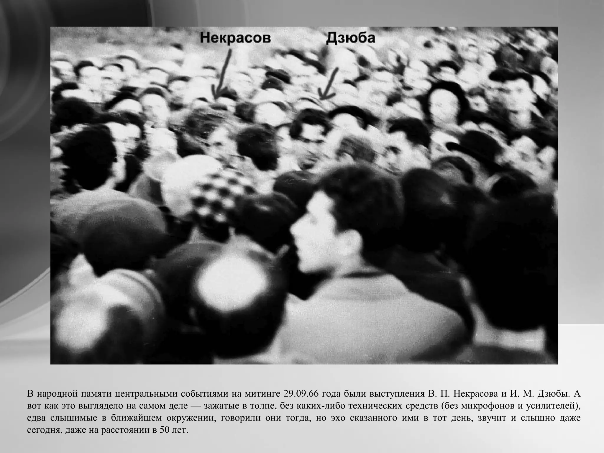В народной памяти центральными событиями на митинге 29.09.66 года были выступления В. П. Некрасова и И. М. Дзюбы. А
вот как это выглядело на самом деле — зажатые в толпе, без каких-либо технических средств (без микрофонов и усилителей),
едва слышимые в ближайшем окружении, говорили они тогда, но эхо сказанного ими в тот день, звучит и слышно даже
сегодня, даже на расстоянии в 50 лет.
 
