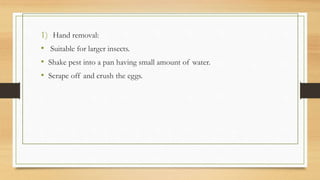 1) Hand removal:
• Suitable for larger insects.
• Shake pest into a pan having small amount of water.
• Scrape off and crush the eggs.
 