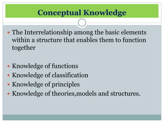 Conceptual Knowledge
The Interrelationship among the basic elements
within a structure that enables them to function
together
Knowledge of functions
Knowledge of classification
Knowledge of principles
Knowledge of theories,models and structures.