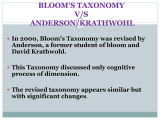 BLOOM’S TAXONOMY
V/S
ANDERSON/KRATHWOHL
In 2000, Bloom’s Taxonomy was revised by
Anderson, a former student of bloom and
David Krathwohl.
This Taxonomy discussed only cognitive
process of dimension.
The revised taxonomy appears similar but
with significant changes.