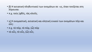 • β) Η αιτιατική πληθυντικού των ονομάτων σε -υς, όταν τονίζεται στη
λήγουσα:
• π.χ. τοὺς ἰχθῦς, τὰς κλιτῦς.
• γ) Η ονομαστική, αιτιατική και κλητική ενικού των ονομάτων πῦρ και
οὖς:
• π.χ. τὸ πῦρ, τὸ πῦρ, (ὦ) πῦρ
• τὸ οὖς, τὸ οὖς, (ὦ) οὖς.
 