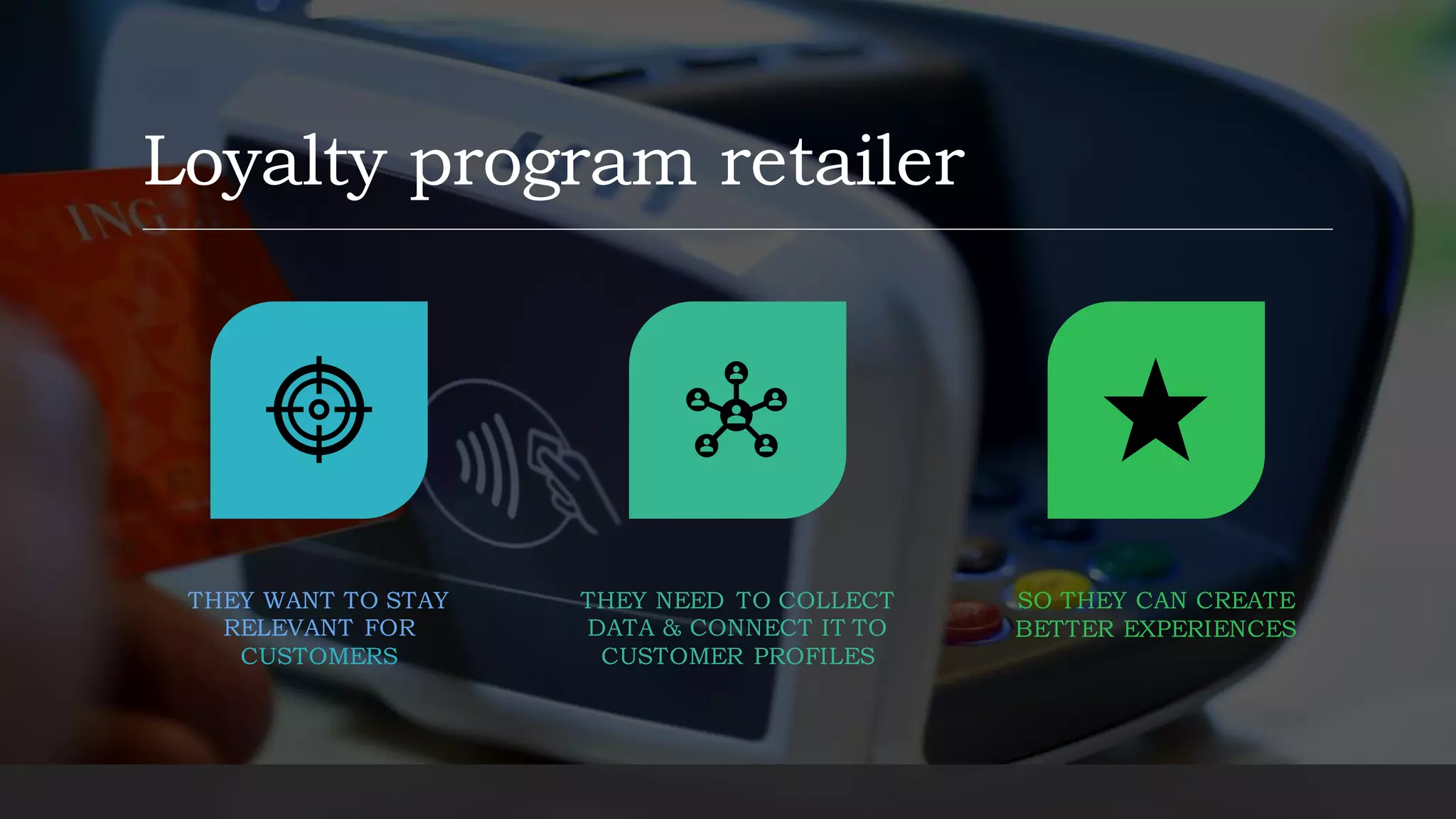 Loyalty program retailer
THEY WANT TO STAY
RELEVANT FOR
CUSTOMERS
THEY NEED TO COLLECT
DATA & CONNECT IT TO
CUSTOMER PROFILES
SO THEY CAN CREATE
BETTER EXPERIENCES
 