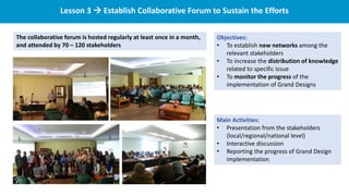 Lesson 3 → Establish Collaborative Forum to Sustain the Efforts
Objectives:
• To establish new networks among the
relevant stakeholders
• To increase the distribution of knowledge
related to specific issue
• To monitor the progress of the
implementation of Grand Designs
Main Activities:
• Presentation from the stakeholders
(local/regional/national level)
• Interactive discussion
• Reporting the progress of Grand Design
implementation
The collaborative forum is hosted regularly at least once in a month,
and attended by 70 – 120 stakeholders
 